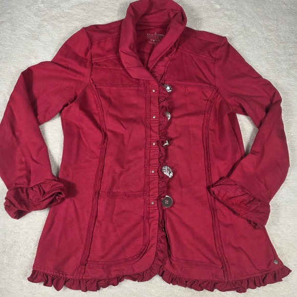 neon buddha Jackets & Blazers - Neon Buddha Ruffle Button Up  Red Jacket Women L Unique  Buttons Boho Lagenlook